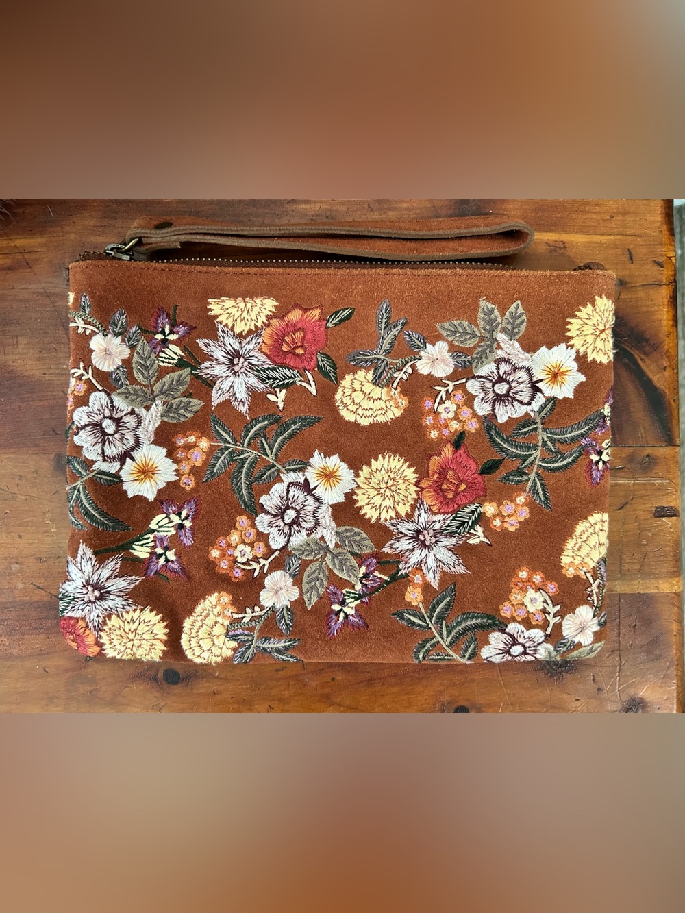 Lucky Brand Brown Floral Embroidered Wristlet
